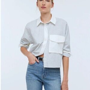 Madewell White and Blue Striped Button Down Cropped Shirt- tags on, never worn
